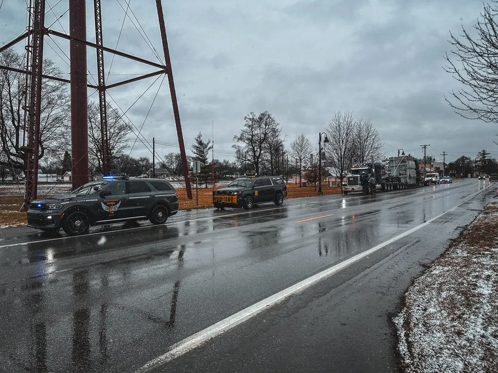 Escort truck staged with heavy haul equipment at a live job site under changing weather.